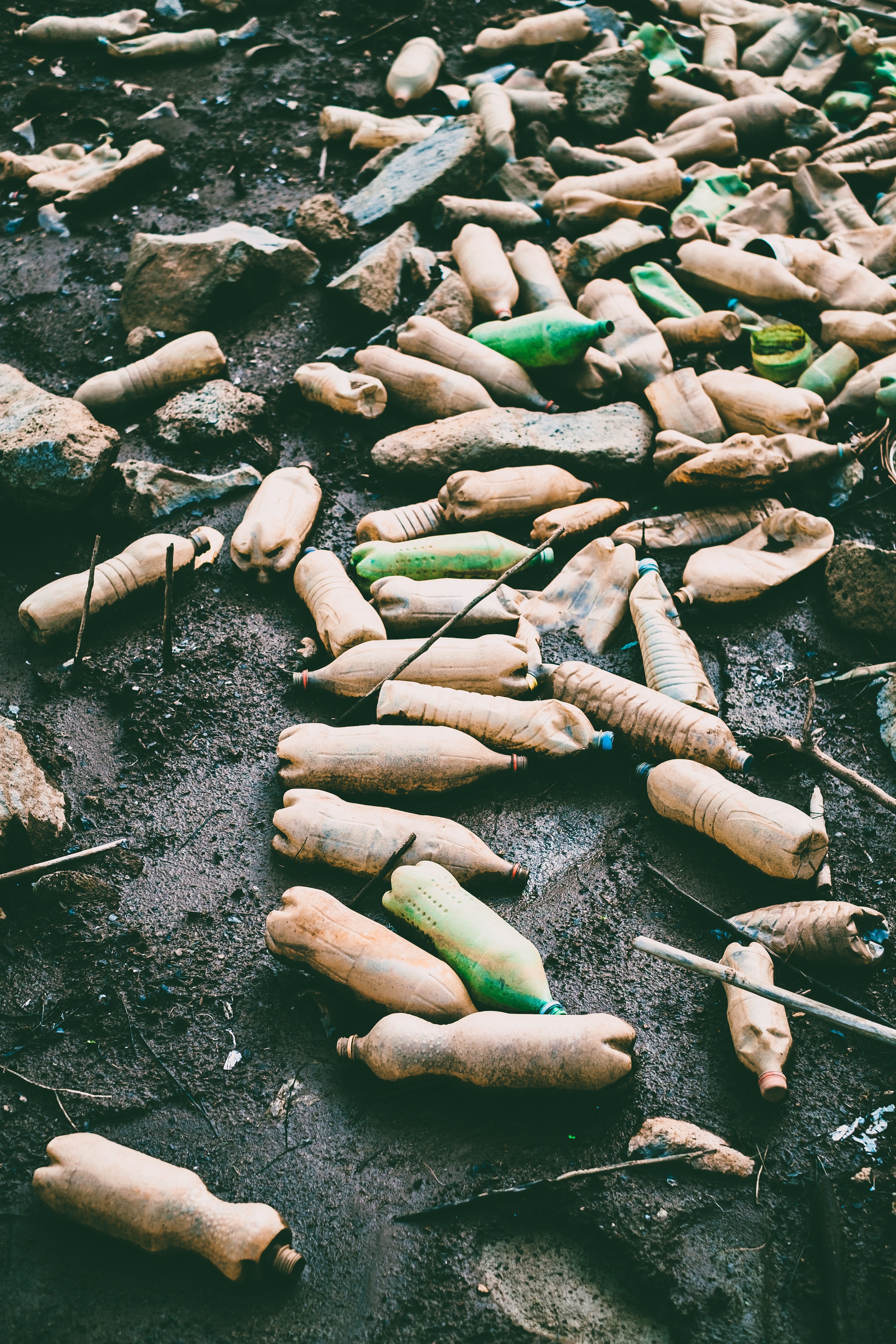 Plastic flessen op strand