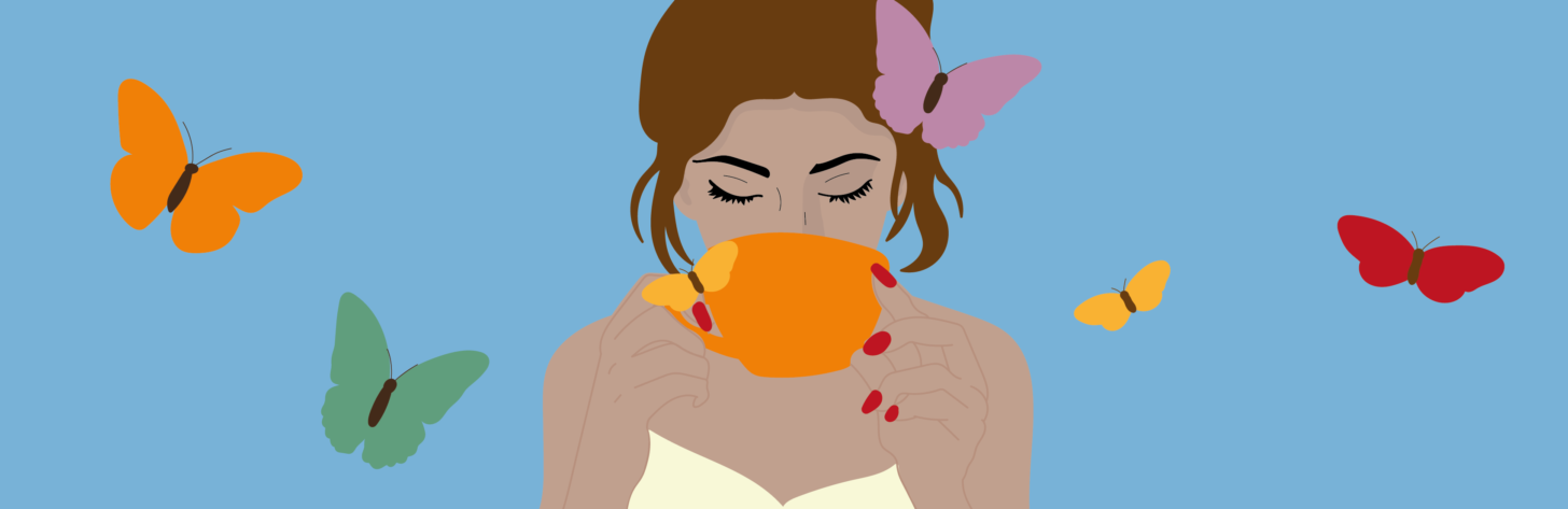 illustratie vrouw drinkt koffie met vlinders