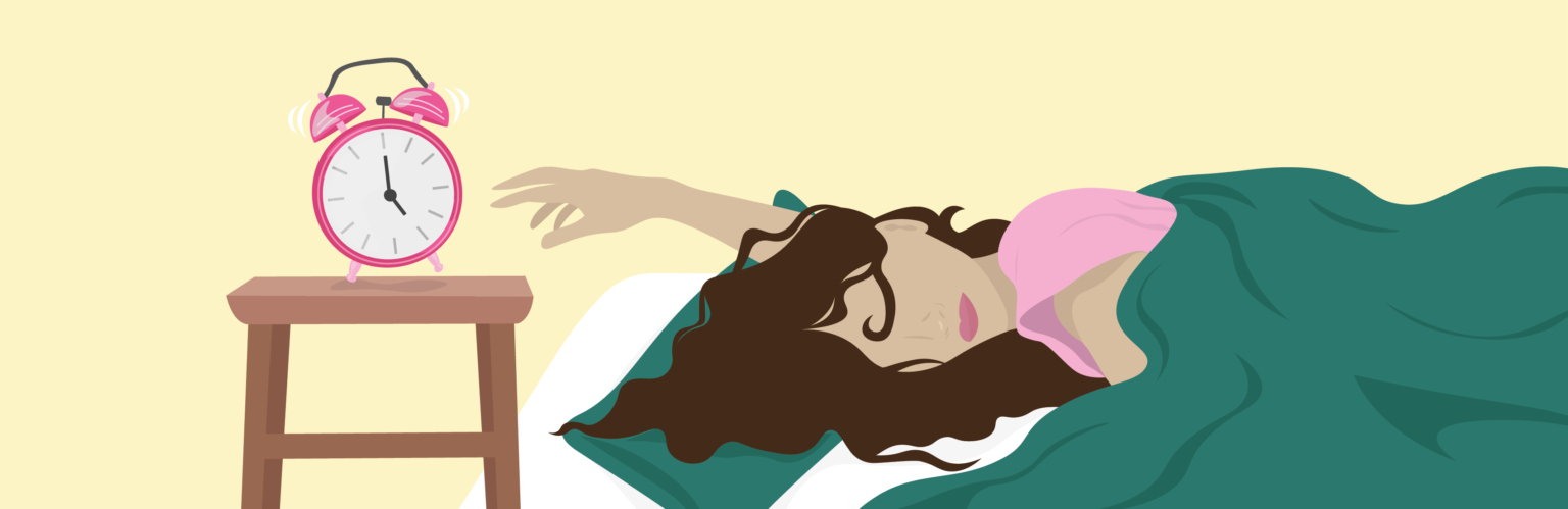 Illustratie van vrouw in bed die wekker uitzet